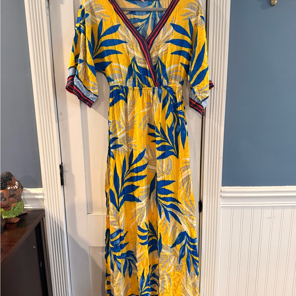 Flying Tomato Yellow Maxi Dress with Bold Blue Leaf Print